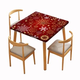 Square Fitted Tablecloth, Red Christmas Art Snowflake Elastic Edge Home Decor Table Cover Stain Resistant Washable Polyester Tablecloths For Family Living Room Kitchen, Fits 36x36 Inch Square Table