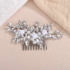 Teyglen Silver Rhinestone Flower Headpiece Crystal Bride Wedding Hair Comb Bridal Pearl Rhinestone Hair Comb Hair Accessories for Women Silver Hair Piece(Silver)