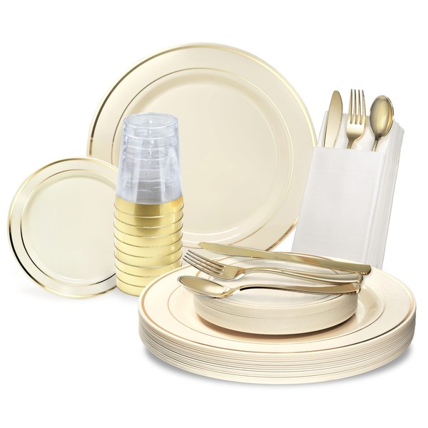 " OCCASIONS" 560pcs set (80 Guests)-Heavyweight Wedding Party Disposable Plastic Plate Set-80 x 10.5'' + 80 x 6.25'' + Gold Silverware + Cups + Pre F Napkins (Ivory & Gold Rim)