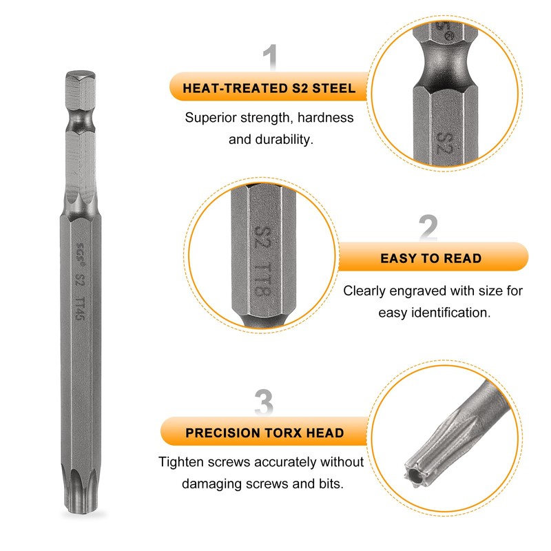 HARFINGTON 5pcs TT8 Security Torx Head Screwdriver Bit 4.33" (110mm)