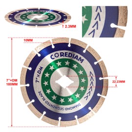 COREDIAM 7 Inch Segmented Diamond Saw Blade for Angle Grinder, General Purpose Cutting Concrete, Block, Paver, Brick, Masonry and Stone, Wet/Dry Cut, DM-7/8" Arbor with 5/8" Copper Bushing