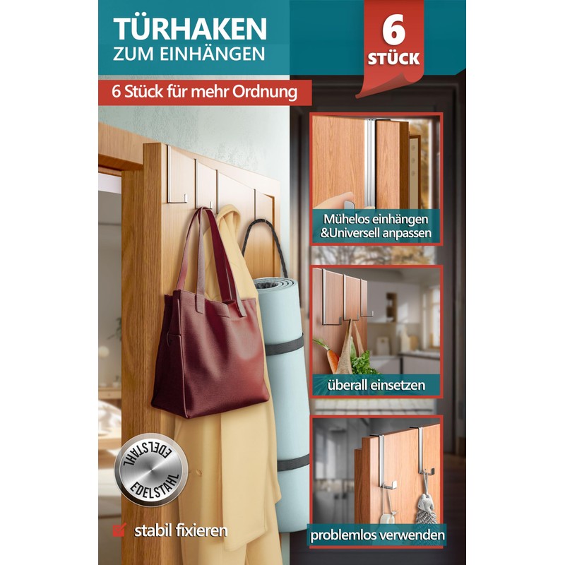 4smile Door Hooks for Hanging, Stainless Steel, Pack of 6
