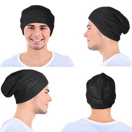Geyoga 2 Pcs Silk Satin Bonnet for Sleeping Men Silk Satin Beanie with Adjustable Elastic Band for Curly Hair(Black, Dark Grey)
