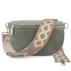 ARTVALL - Shoulder Bag Suede Bag Handbag Velour Bum Bag Small with Shoulder Strap Design Bag Strap Removable Adjustable Strap Crossbody Bag Genuine Leather Bag Women with Zip, Eucalyptus (geometric