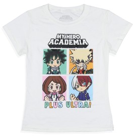 My Hero Academia Girls' Shirt Plus Ultra! Deku Bakugo Shoto Todoroki Character Grid T-Shirt Tee (X-Large) White
