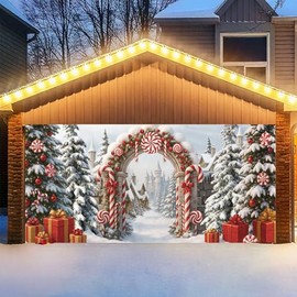 FuWeave 7x16 ft Christmas Candy Cane Garage Door Banner Cover Winter Snow Scene Outdoor Large Garage Door Decors Xmas Candyland Village Backdrop for Wall House Holiday Party Decor(Candy Cane)