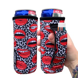 Lit Handlers Soda Can Covers - 12 oz Slim Drink Skinky Beer Holder Sleeve with Handle - Leopard with Red Lips Pattern Design - Insulated, Leak-Proof, & Tear-Resistant & Machine-Washable Neoprene