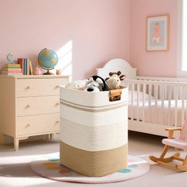 Degeyoyo Laundry Hamper, 85L Tall Laundry Basket with Leather Handles, Rectangle Large Clothes Hamper for Organizing, Cotton Woven Laundry Baskets Storage Hampers for Bedroom, Nursery, Living Room