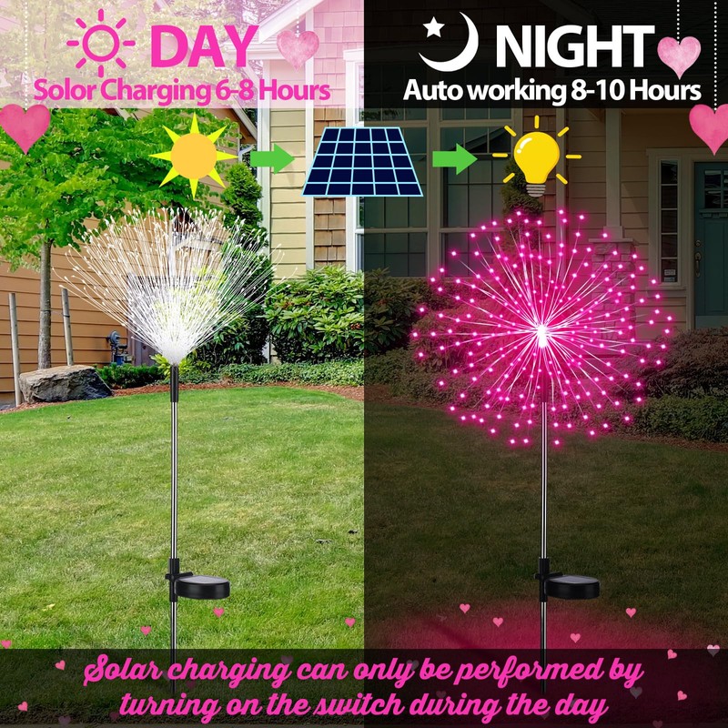 Tujoe 6 Pack Pink Solar Firework Lights 180 LED 8