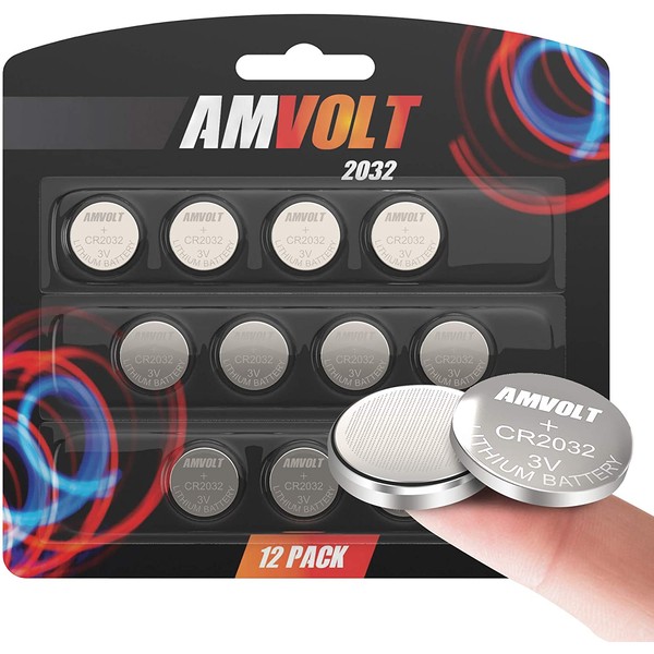 12 Pack AmVolt CR2032 Battery 220mAh 3 Volt Lithium Battery Coin Button Cell 2023 Expiry Date