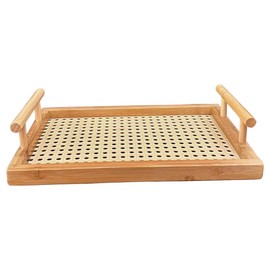 Bamboo Food Serving Tray, Woven Surface Tray with Handles, Stylish Home & Kitchen Tray for Tea, Snacks, Tabletop Decor