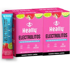 Electrolitos en Polvo Sin Azúcar, Hidratación Rápida HEALLY 40 Sobres, Magnesio, Potasio, Sodio, Vitamina C, Sabor Fresa y Limón, Vegano, Natural