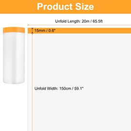 sourcing map 3 Rolls Pre-Taped Masking Film 59.1" x65.6ft Tape and Drape Painters Plastic Drop Cloth Film with Tape Plastic Sheeting for Automotive Painting Covering