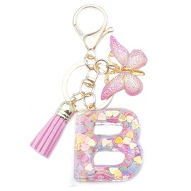 Xsclpomddy A-Z Initials Letter Keychain Pink with Tassel Butterfly Pendant for Wallet Backpack Handbags Women Girls,Letter B