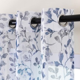 L.Z.E Floral Sheer Curtains 84 Inches Long for Living Room, Light Filtering Navy Blue Leaf Patterned Curtains for Bedroom Dining Room, Vintage Plant Printed Window Drapes Grommet Top 2 Panels Set