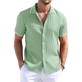 TUREFACE Green Button Down Summer Shirts Wrinkle-Free Short Sleeve Shirts Striped Textured Beach Vacation Casual Shirts