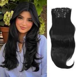 Ms Taj Clip-In Hair Extensions 56 cm Black Natural Long Wavy Clip-in Hair Extensions Synthetic Thick 6 Pieces Add Length Hair Pieces for Women