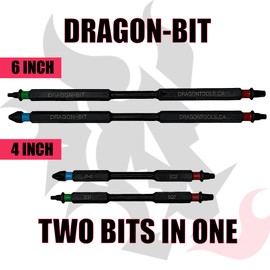 Dragon-Bit Dual-Tip Screwdriver Bit Set, 4-Pack, 4" & 6", SQ1/SQ2 + PH2/SQ2 Double-Ended Bits, Quick Connect, Impact Rated, Color-Coded – SQ2 Red, PH2 Blue, SQ1 Green – Fits #8/#10 Screws