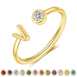 ZNBOH Gold Birthstone Initial Rings for Women Non Tarnish Dainty 14K Gold Plated Adjustable Letter Ring for Women Stackable Cute Thumb Pinky Fashion Unique Open Simple Birthday Gifts Jewelry