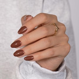 KQueenest Dark Brown Press On Nails Short Oval - Acrylic Press On Nails with Glue, Almond Short Fake Nails Press ons, Glossy Opaque Coffee, Reusable Soft Gel Glue on Nails for Women, 24 Pcs