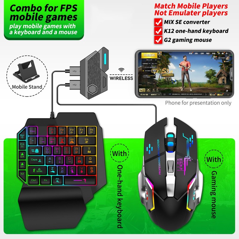 One Handed Gaming Keyboard and Mouse Combo, RGB Rainbow Backlit