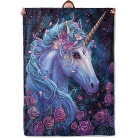 Mounidso Unicorn Rose Blanket, Unicorn Floral Themed Flannel Blanket Gifts for Women, Soft Warm Lightweight Blankets for Living Room Home Travel Decor 50" x 60"