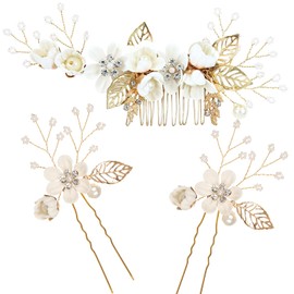 Bridal Hair Combs, Wedding Hair Comb Set Crystal Flower Hair Clips Bride Bridesmaid Hair Sides Comb Rhinestone Barrettes, Pearl Flower Hair Pins Hair Accessories for Women Girls (White)
