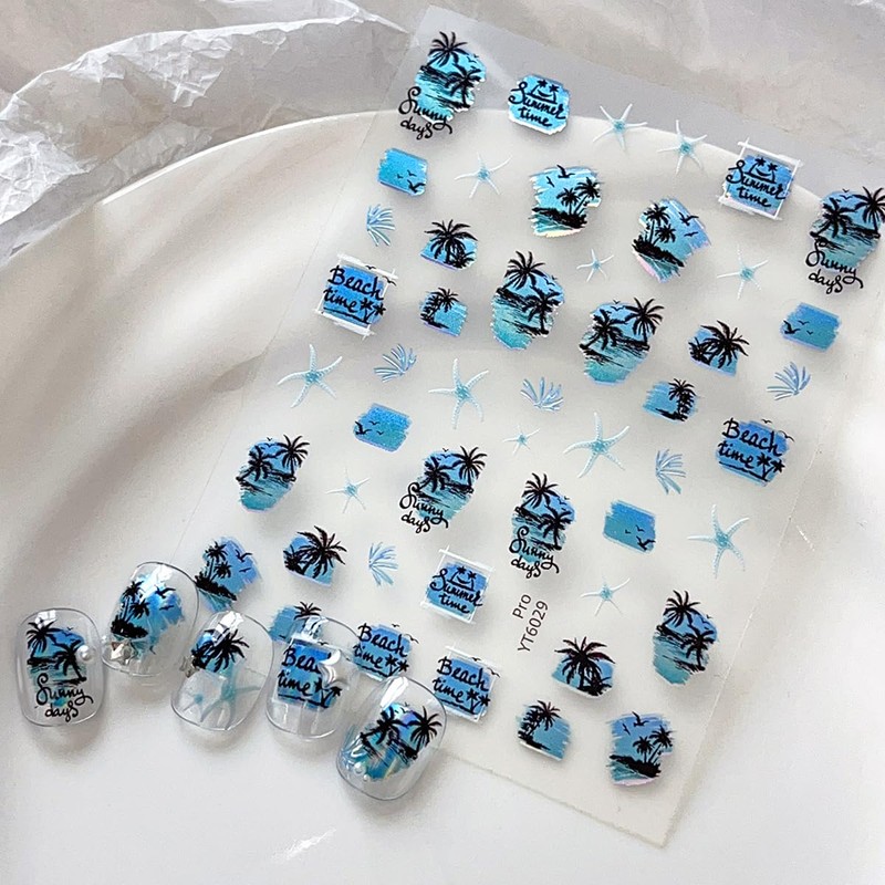 2 Sheets Summer Nail Art Stickers 5D Embossed Palm Nail