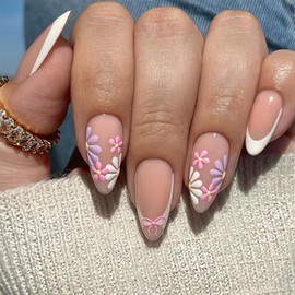 Press On Nails, Summer Flower Fake Nails, Cute Design Floral Stick On Nails, Short Square Almond Ballet Shape Glue on Nails on 24PCS (Almond Pink Purple)
