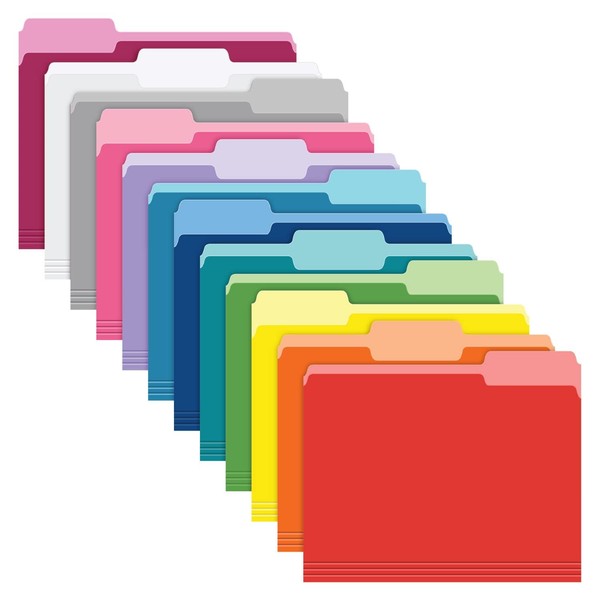 Pendaflex Two-Tone Color File Folders Letter Size - 100 Pack of 12 Assorted Colors Folders for Documents - 1/3-Cut Tabs