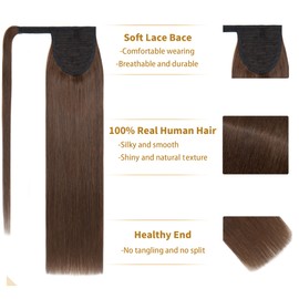 14 inches SEGO Ponytail Extension 100% Real Remy Human Hair #4 Medium Brown [Wrap Around] One Piece Clip in Hair Extension Invisible Straight (80g)