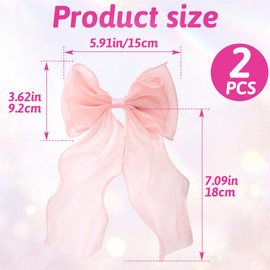 SmallCat 2Pcs Large Hair Bow Clips, Pink Silk Lace Ribbon Bow for Women, Elegant Long Tail Bowknot French Hair Styling Barrette for Wedding, Parties, Daily Use