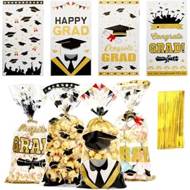YaysaShop 100 Pcs Graduation Cellophane Treat Bags, Congrats Grad Goodie Bag, Graduation Cello Candy Bags with Twist Ties for Party Favor Supplies Gift Packing Decor