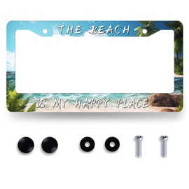 The Beach is My Happy Place License Plate Frame Beach Palm Tree Hawaii License Plate Stainless Steel Colorful Car Accessory Funny License Plate Decoration Size 12.2" x6.2" with Screws