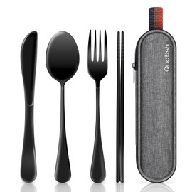Travel Utensils with Case, Quatish Portable Silverware Set for Work, Stainless Steel Reusable Travel Cutlery Set, Fork and Spoon Set for Camping, Picnic, Gadgets, Lunch Box for Men, Black