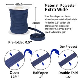 Tewadoo Bias Tape Double Fold 1/2 Inch - Navy Blue 55 Yards Polyester Binding Tape for Sewing, Quilt Binding, Hemming, Seaming and Fabric Piping