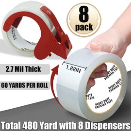 Frascati Heavy Duty Packing Tape with Dispenser - 8 Pack 1.88 in x 60 yd Clear Package Tape for Shipping Moving Storage and Mailing, Total 480 Yards