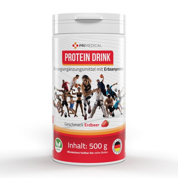 Protein Drink Shake Vegan with Amino Acids, Pea Protein Base, Pleasant Strawberry Flavour, primedical 1 x 500 g