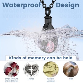 GoldChic Stainless Steel Memorial Urn Necklace for Ashes Women Men Necklace with Teardrop Cubic Zirconia Urn Pendant Black Ash Amulet for Keepsake with 51 cm + 5 cm Chain, Stainless Steel