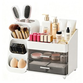 ShinyDew Bathroom Countertop Makeup Organizer with Brush Holder, Large Cosmetic make up storage organizers with 2 Drawers for Vanity Counter top, Makeup Caddy for skincare, lipsticks, hairbrush