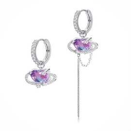 Bellitia Jewelry 925 Sterling Silver Hoop Earrings Women's Earrings with Heart Shape, Asymmetry Earrings with Colour Changing Stone