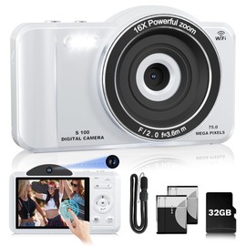4K Upgrade Touchscreen Digital Camera, 75MP Dual Front & Rear Cameras Sefie, Autofocus, Wi-Fi Sharing, Compact Travel Vlogging Camera for Teens Beginner Kids with 32GB SD Card, 2 Batteries, Lanyard