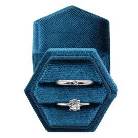 DOZNOZRI Velvet Ring Box Blue Hexagon Engagement Ring Box for Proposal Double Ring Boxes for Jewellery Gift with Padded Interior Ring Boxes for Wedding Engagement Ring Proposal Gift Box