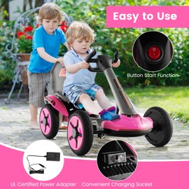 Costzon Ride on Car, 12V Go Kart for Kids with Adjustable Steering Wheels & Seat, Flashing LED Lights, Folding Design, Battery Powered Ride On Pedal Car Toy for Boys & Girls (Pink)
