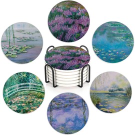 Claude Monet Water Lilies Set of 6 Coasters Absorbent Ceramic Drink Mats with Cork Base & Metal Holder, Spill Protectors for Mugs/Cups, Cheerful Home/Bar Decor