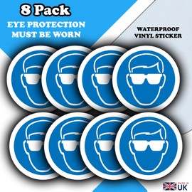 8 Pack - Eye Protection Must Be Worn Labels Decals - Waterproof Vinyl Stickers - 50mm X 50mm
