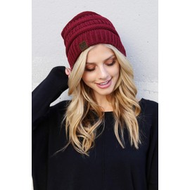Classic Cable Knit Beanie - Soft Stretch Sweater Winter Hat Ribbed Solid, Foldable Leopard Cuff, Detachable Pom Pom (Plain - Burgundy)