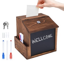 awagas Wooden Suggestion Box with Lock and Keys, Wall Mount Wooden Donation Boxes for Charity, 23x21x16.5cm Money Box Wedding Post Box for Cards Tip Box With Side Slot, Writing Blackboard, Marker Pen