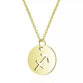 Gold Star Sign Disc Pendant Chain Necklace - Sagittarius (23rd November - 21st December) - Zodiac Constellation Horoscope Celestial Astrology Jewellery - Women Men Gift