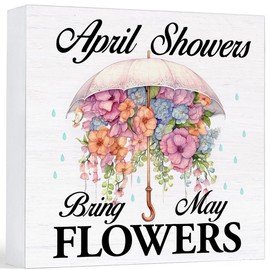Spring Decor Sign Farmhouse April Showers Bring May Flowers Wood Sign Floral Spring Decorations Country Home Table Desk Decor (5 x 5 Inches)